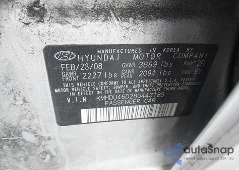 2008 Hyundai Elantra Gls/Se z USA, uszkodzony, nr VIN KMHDU46D28U443189